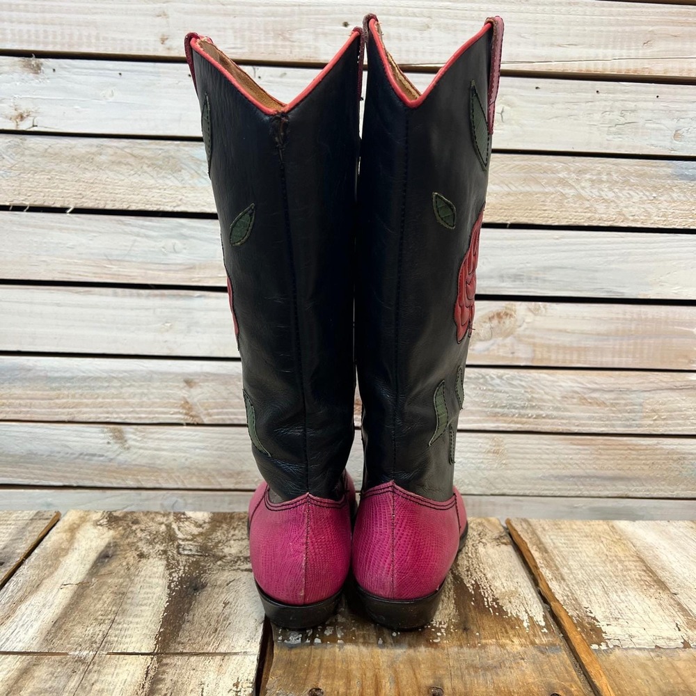 Vintage Nine West Pink Black Leather Rose Western Cowboy Boots 8.5M - Picture 4 of 11